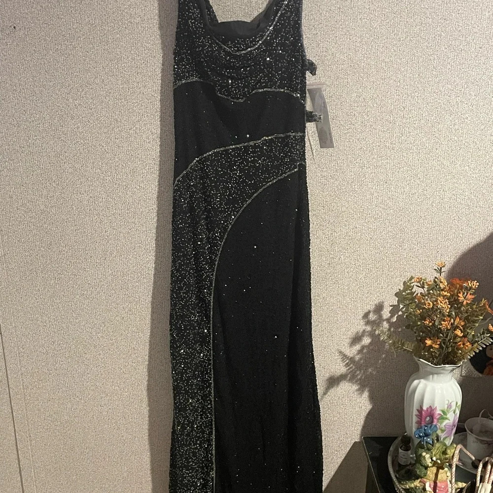 Chaudry black and silver hand‎ beaded silk formal dress